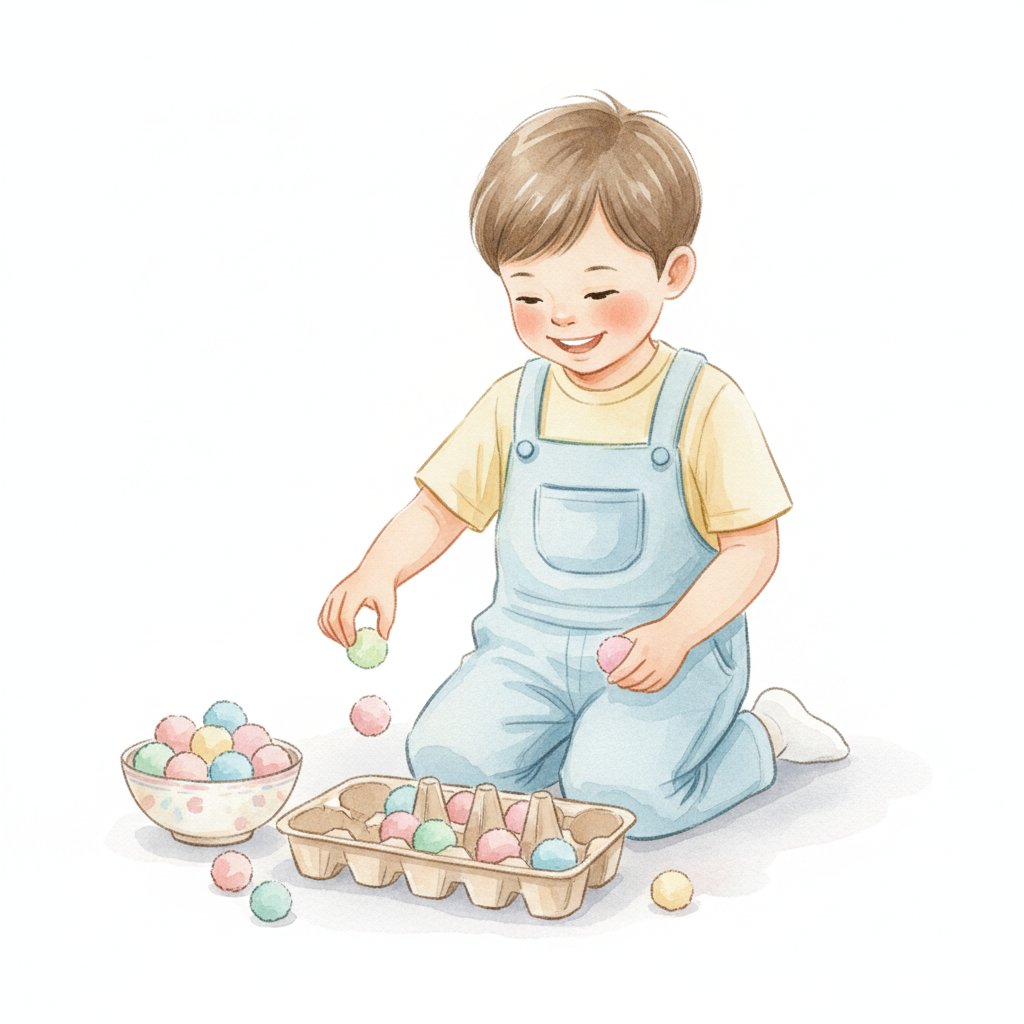 A child dropping colorful pom-poms into egg carton cups one at a time