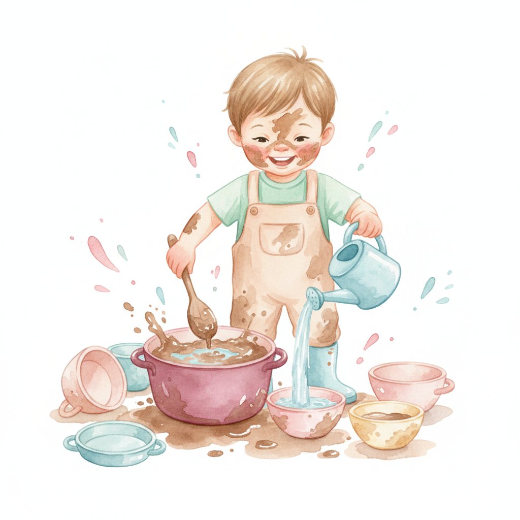 Watercolor illustration of a child freely exploring at an outdoor mud kitchen with pots and pans