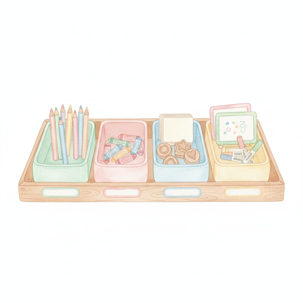 Tray of kindergarten writing supplies arranged in labeled bins