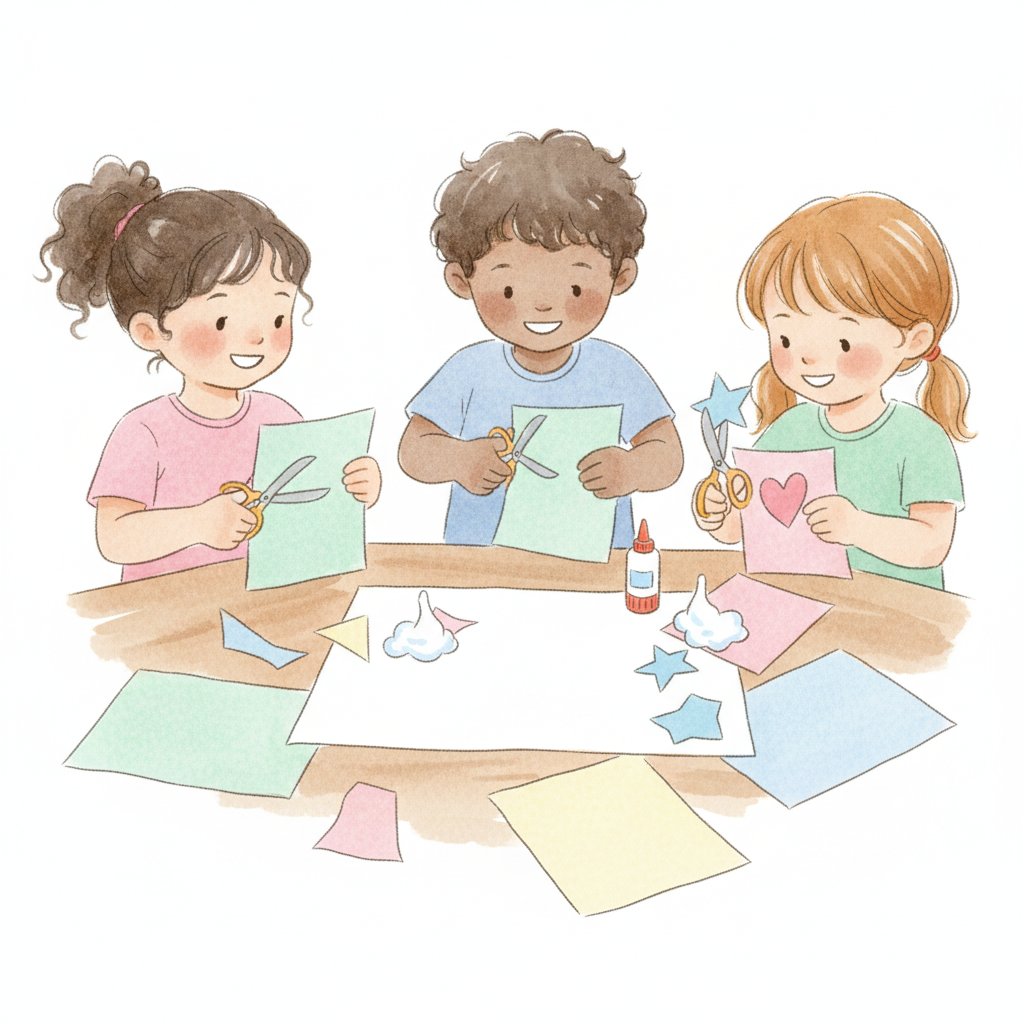 Watercolor illustration of children cutting and gluing paper shapes at a table