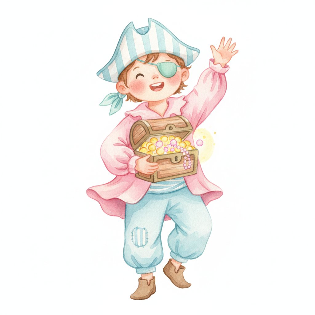 A child in a paper pirate hat and eye patch holding a treasure chest