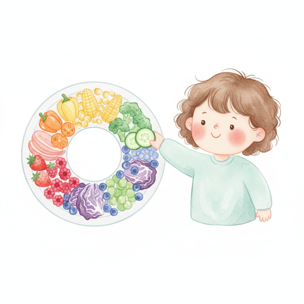 A child reaching for a cucumber slice from a rainbow-arranged plate of fruits and vegetables