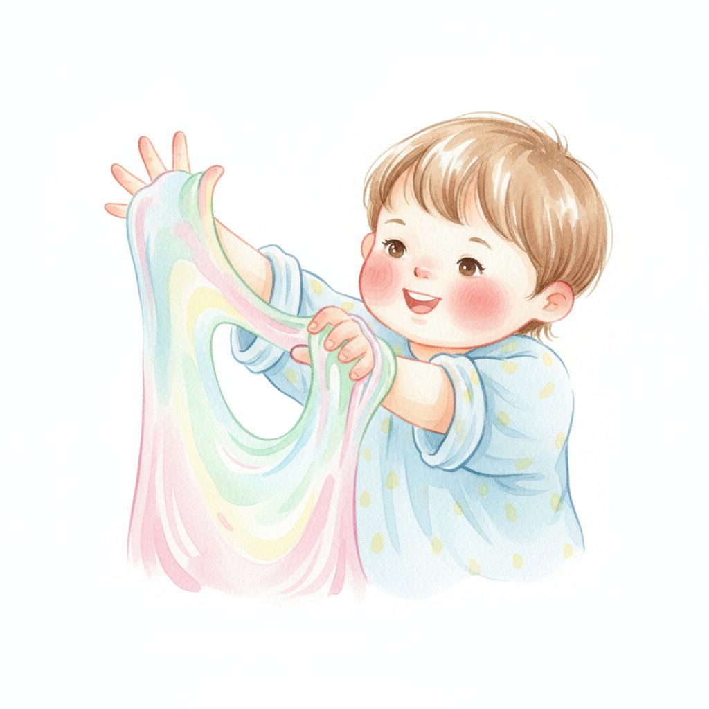 A delighted child stretching and squishing colorful slime between their fingers