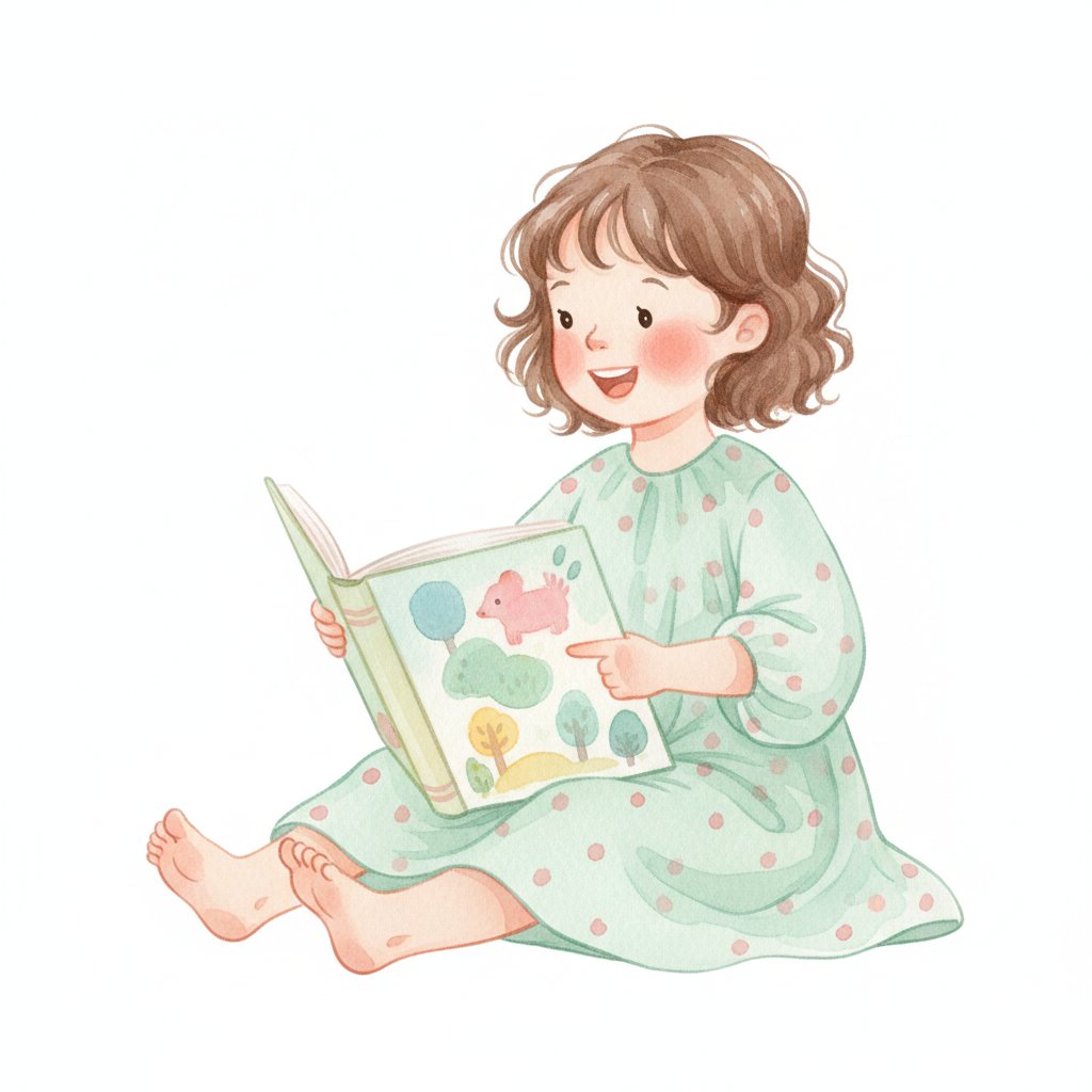 A little girl holding an open picture book and reciting a rhyme from memory