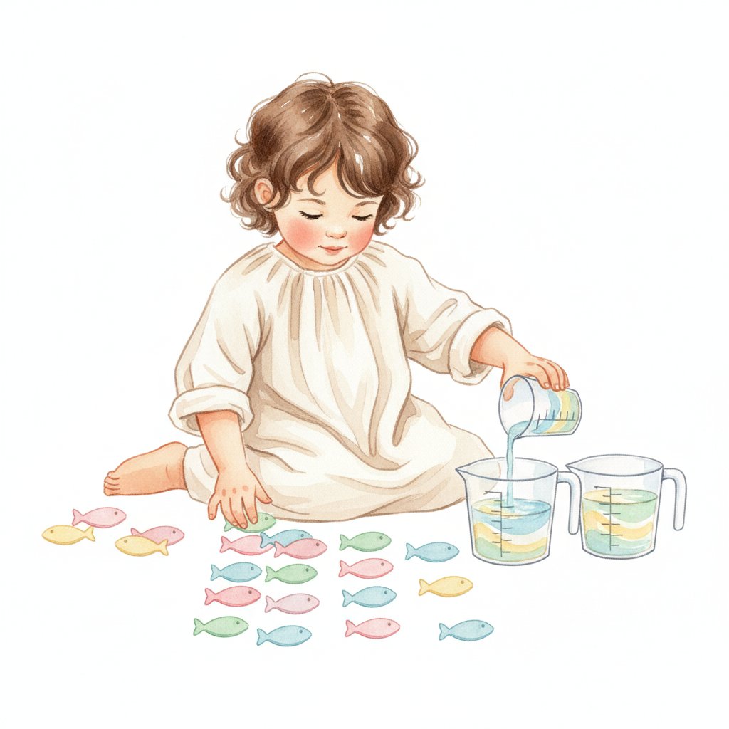 Child counting toy fish and measuring water in cups