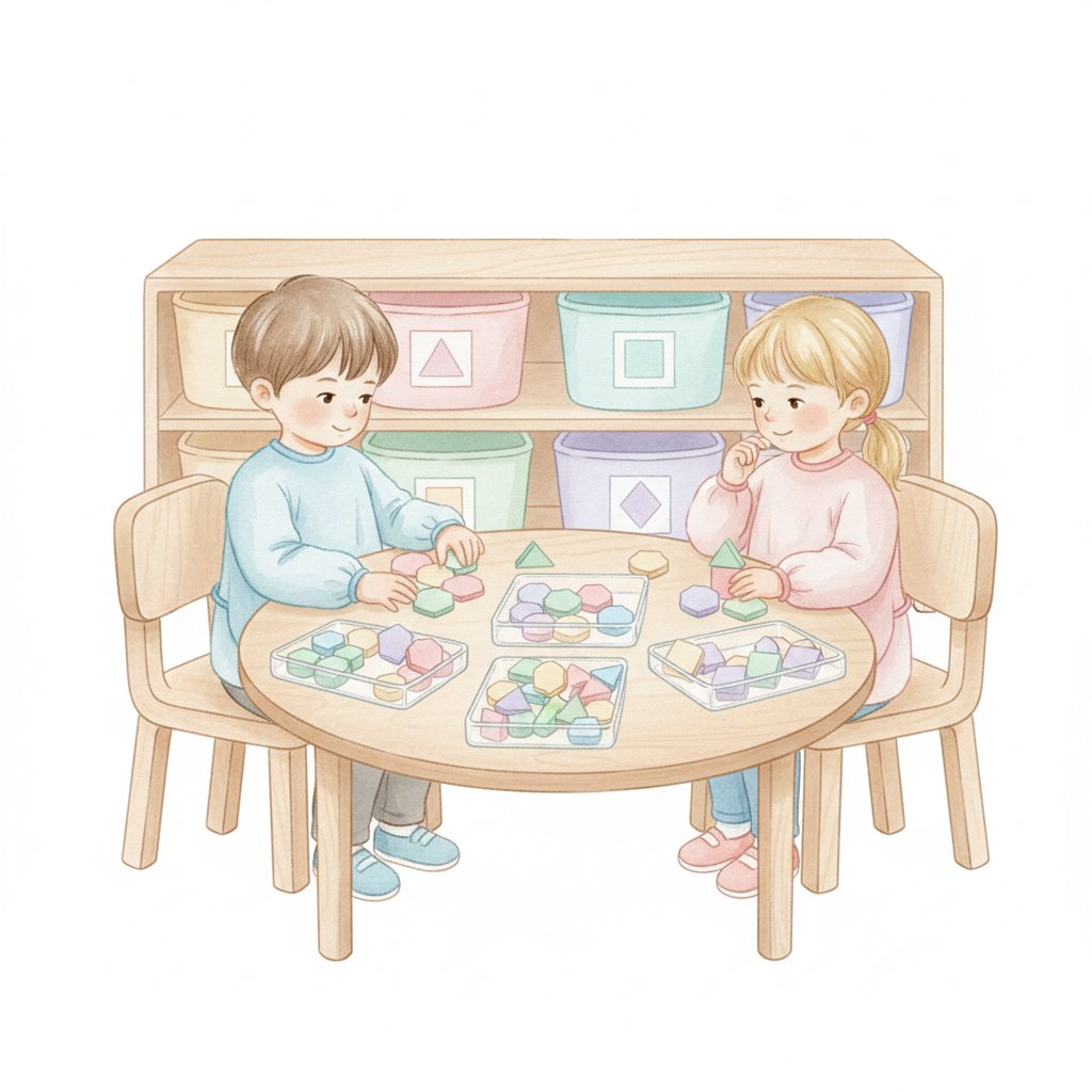 Watercolor illustration of a classroom math center with trays of pattern blocks and children working
