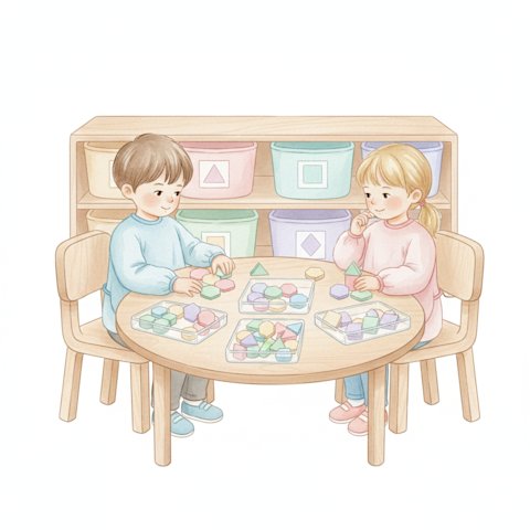 Watercolor illustration of a classroom math center with trays of pattern blocks and children working