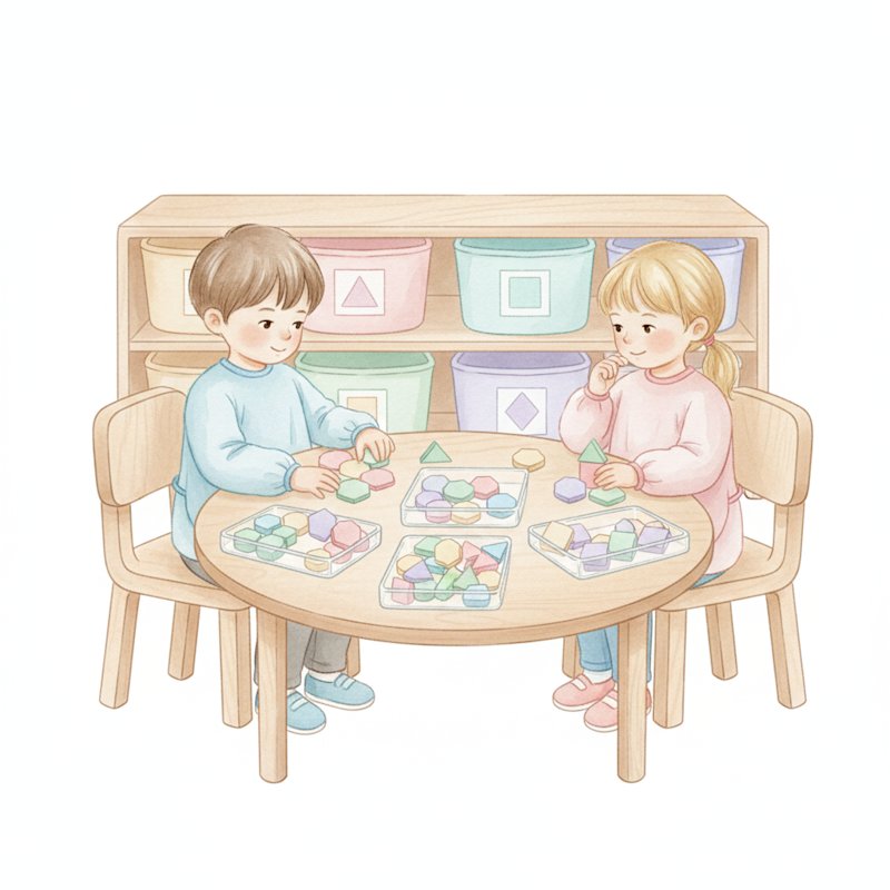 Watercolor illustration of a classroom math center with trays of pattern blocks and children working