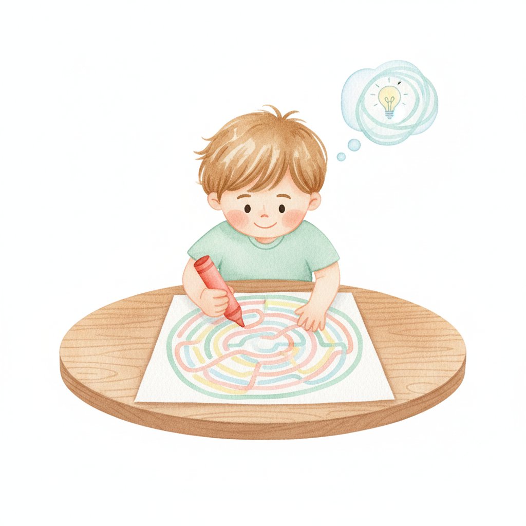 Watercolor illustration of a child tracing a path through a maze with a crayon
