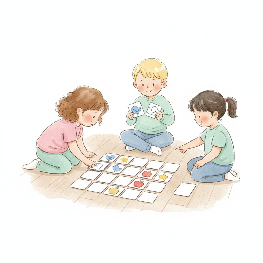 Young children playing a memory match game with picture cards laid face down in a grid, soft watercolor