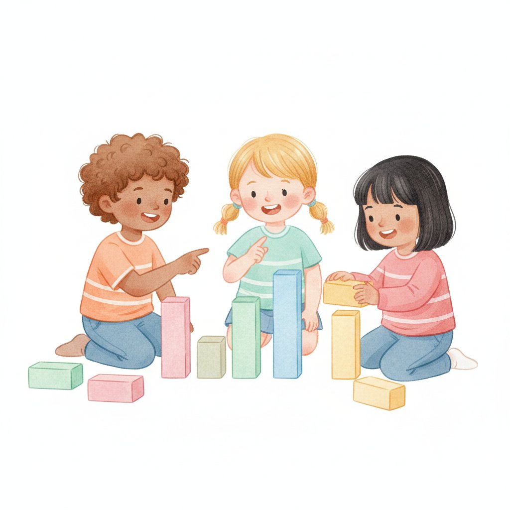 Young children counting and sorting colorful blocks into stacks