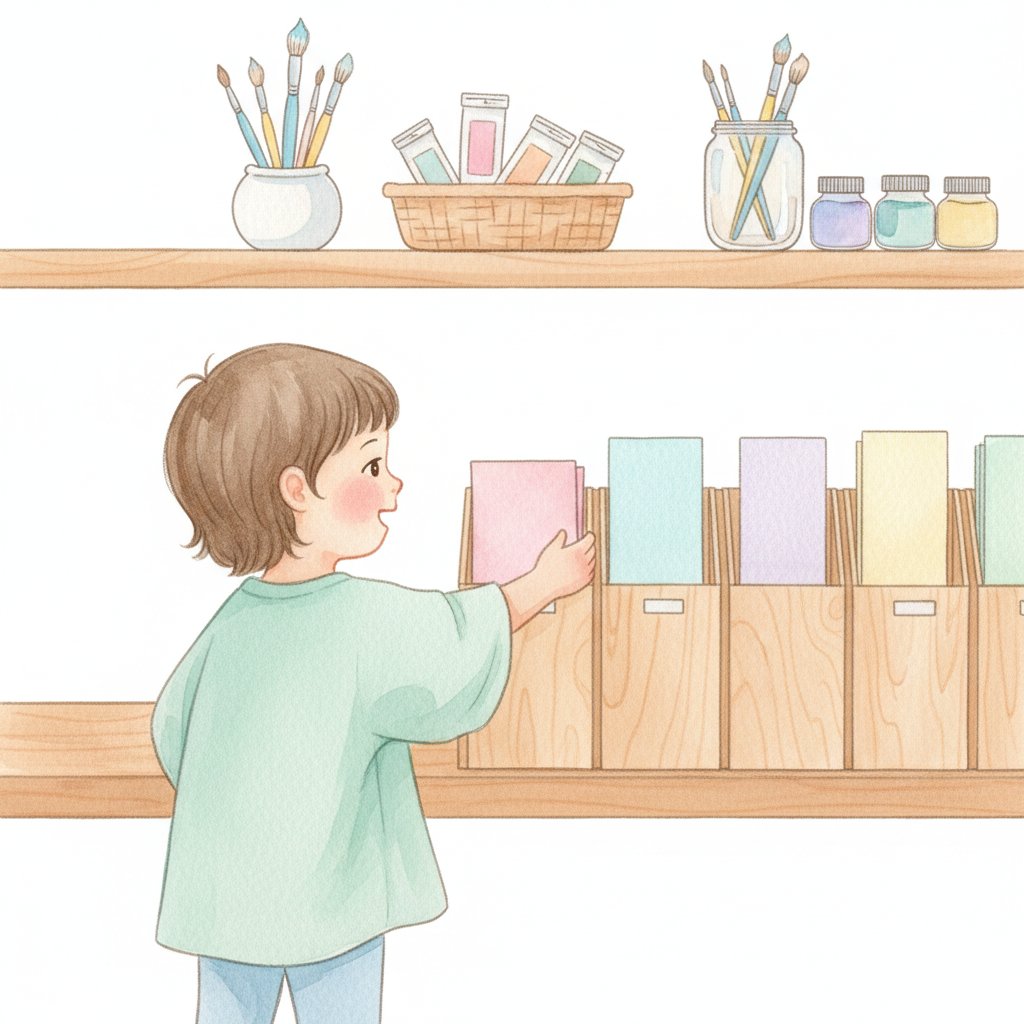 Child filing paper and standing paint jars upright in labeled storage