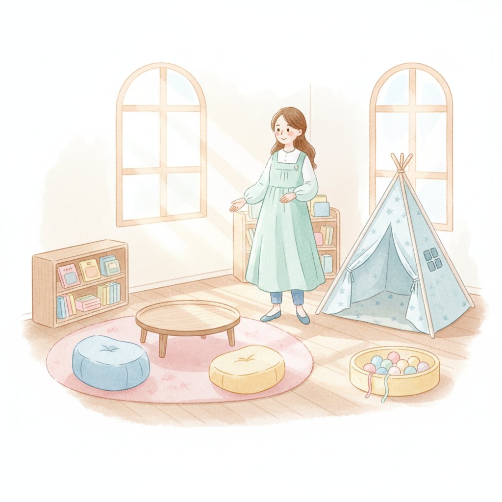 a teacher arranging cozy learning zones in a sunny preschool classroom