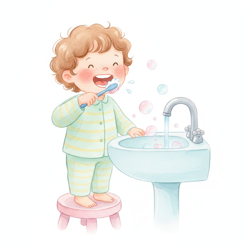 Watercolor illustration of a cheerful young child brushing their teeth at the bathroom sink with a big smile