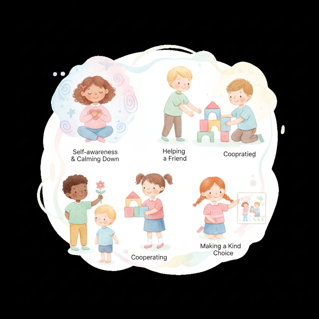 Five children in a circle each showing a social-emotional skill