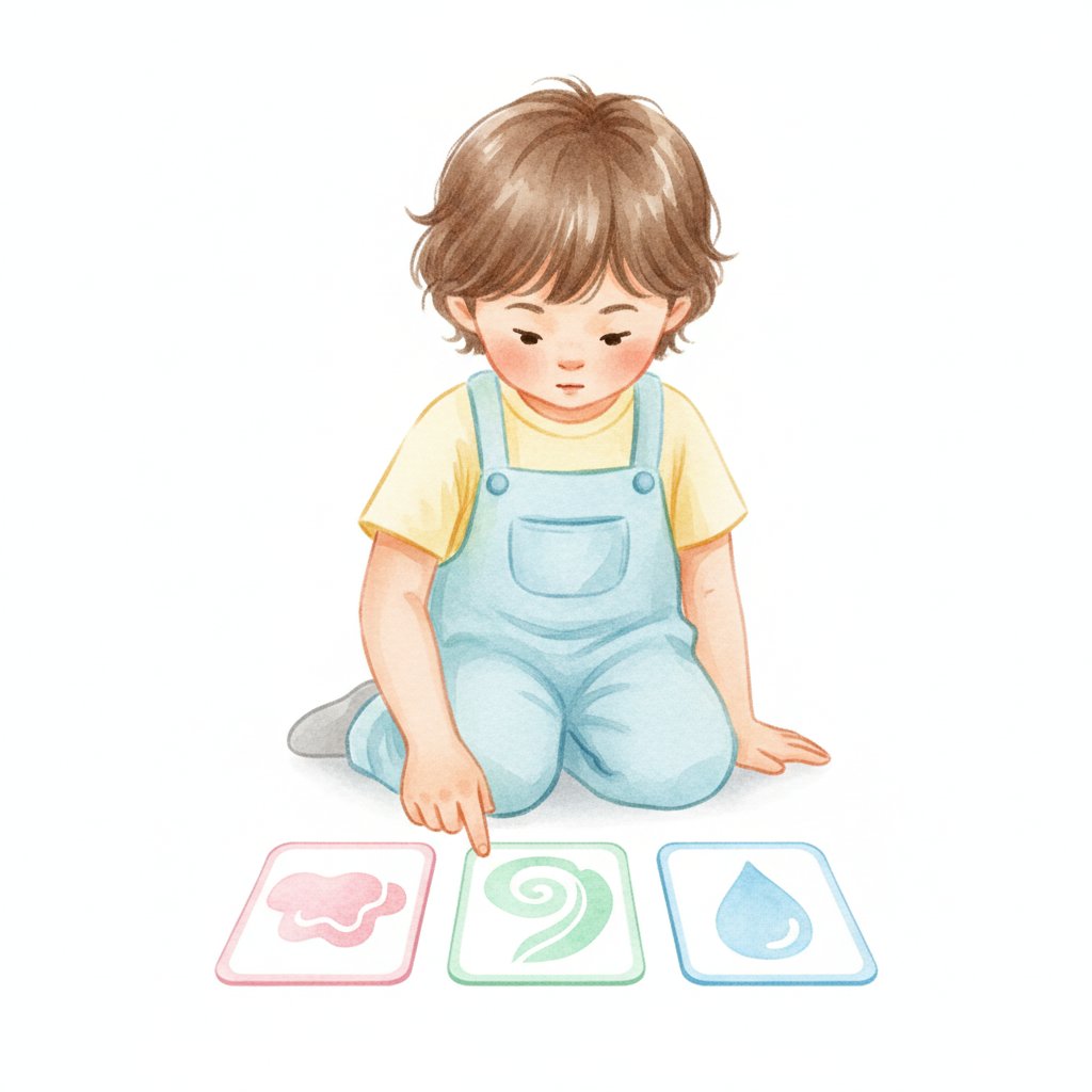 A kindergartener arranging learning cards in a row to build a word