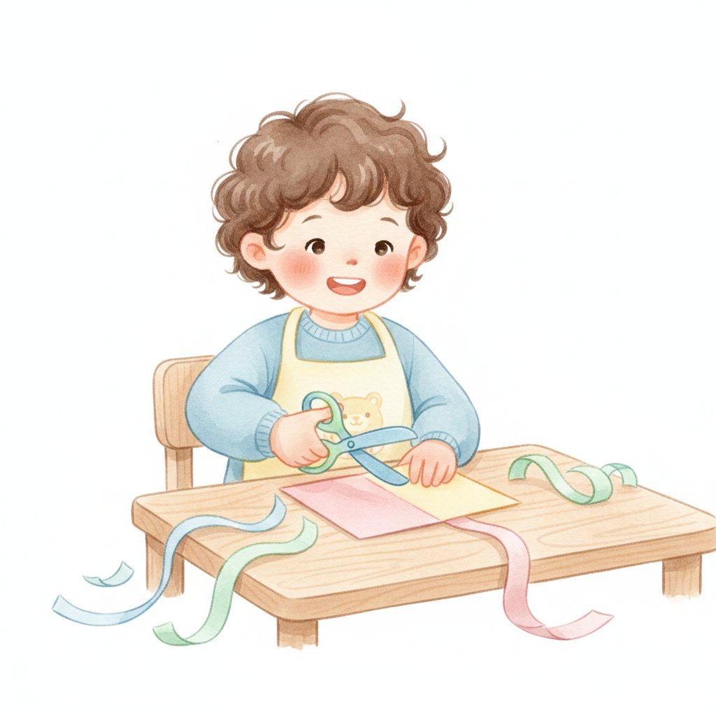 A cheerful left-handed child happily cutting paper with left-handed safety scissors