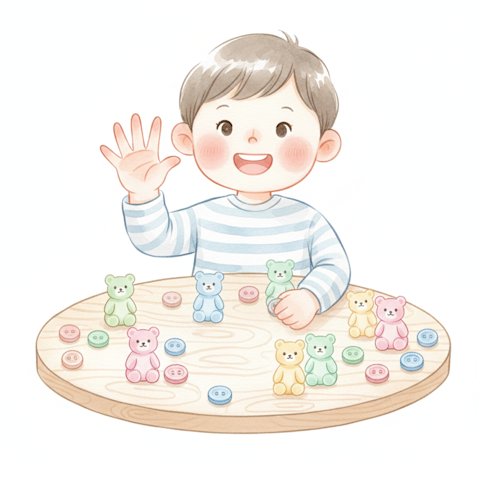 Watercolor illustration of a preschooler holding up fingers to show a quantity, surrounded by counting bears and buttons