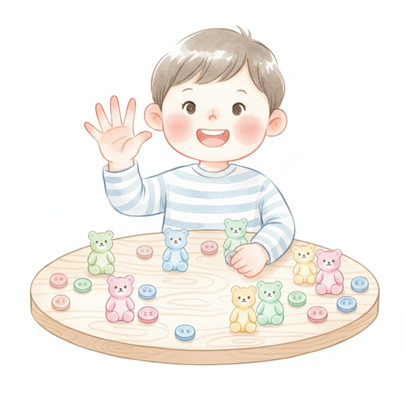Watercolor illustration of a preschooler holding up fingers to show a quantity, surrounded by counting bears and buttons