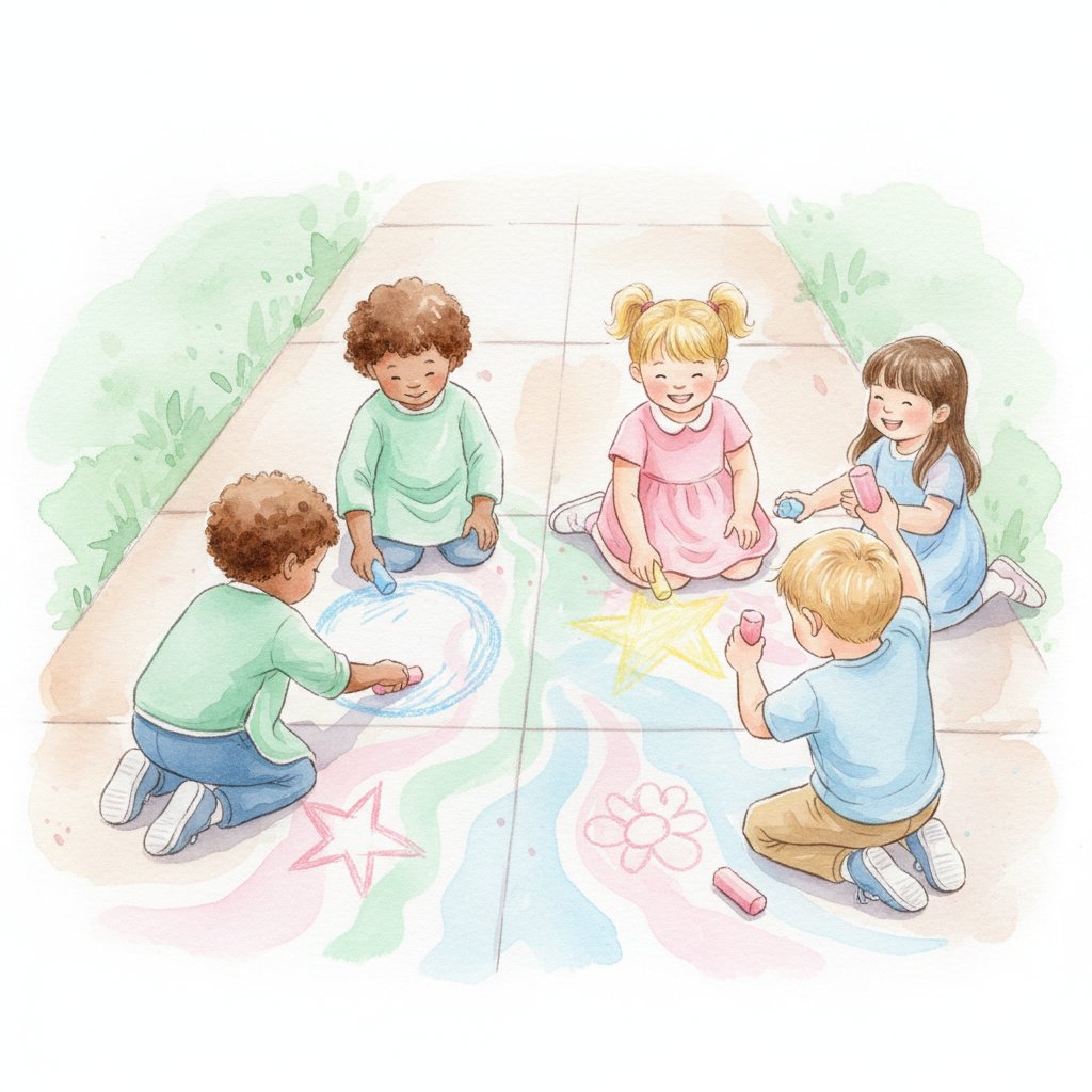 Watercolor illustration of children drawing with colorful sidewalk chalk on a driveway