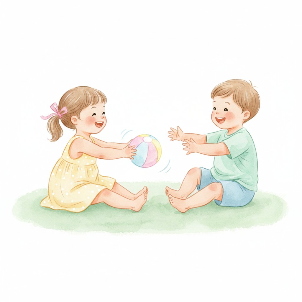 Watercolor illustration of two toddlers taking turns rolling a ball