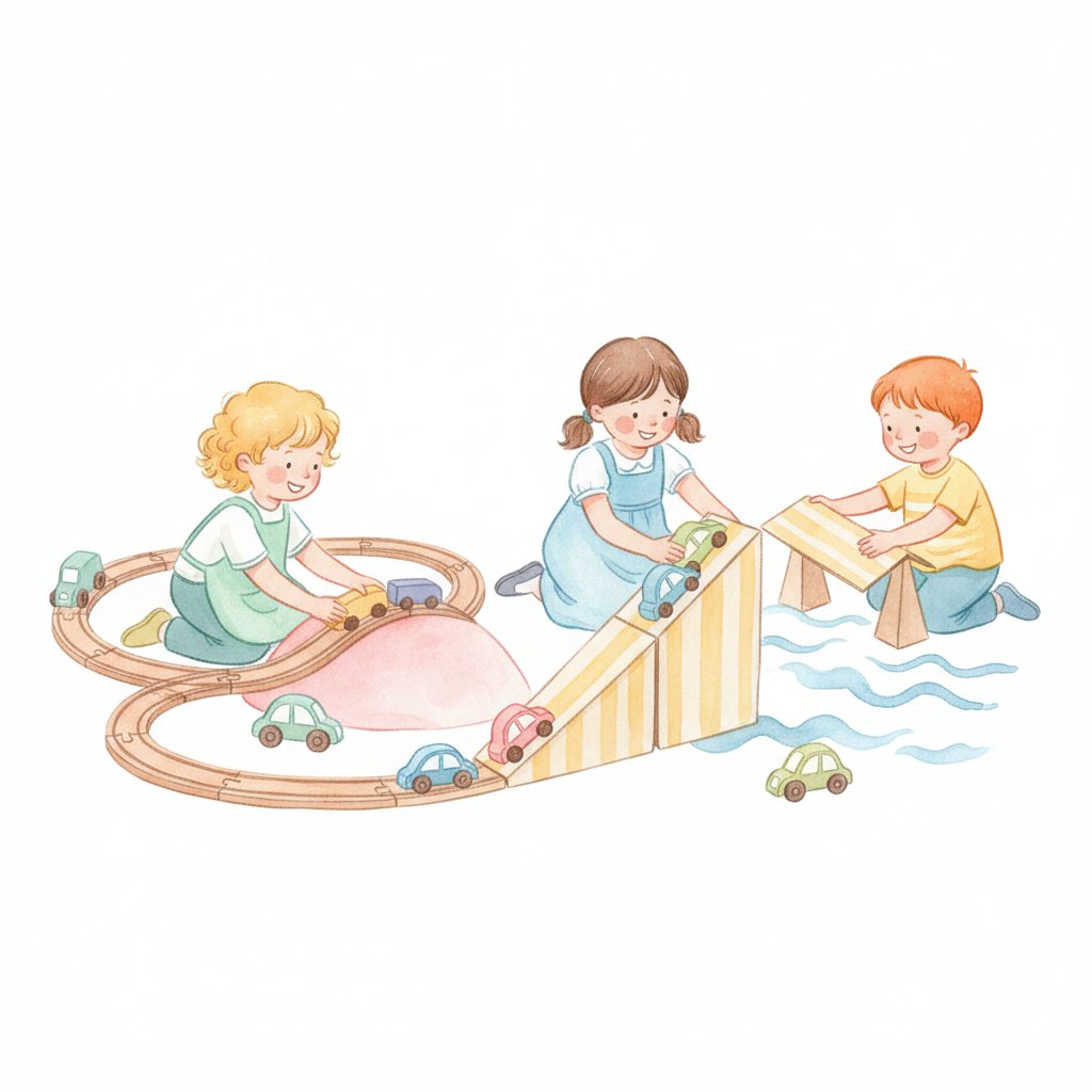 Watercolor of children building train tracks and ramps
