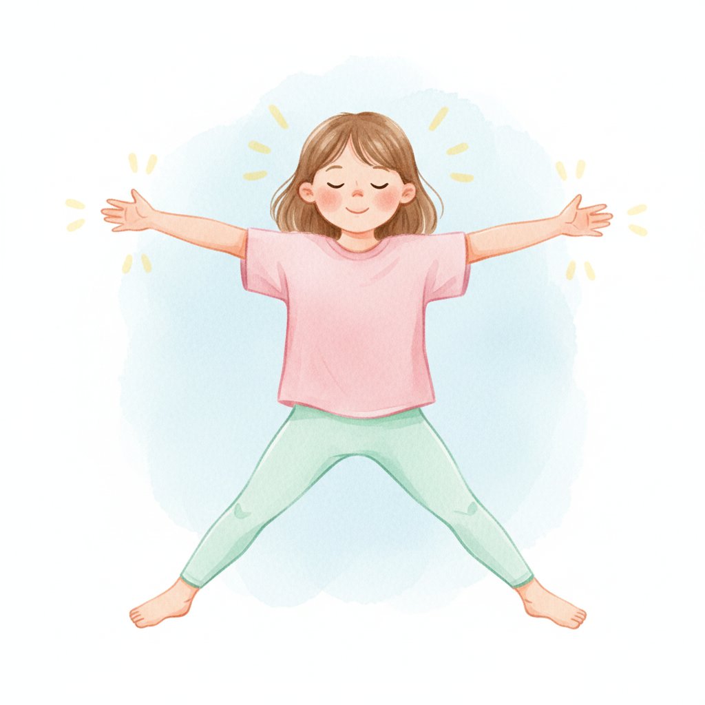 A child in a wide star stretch pose