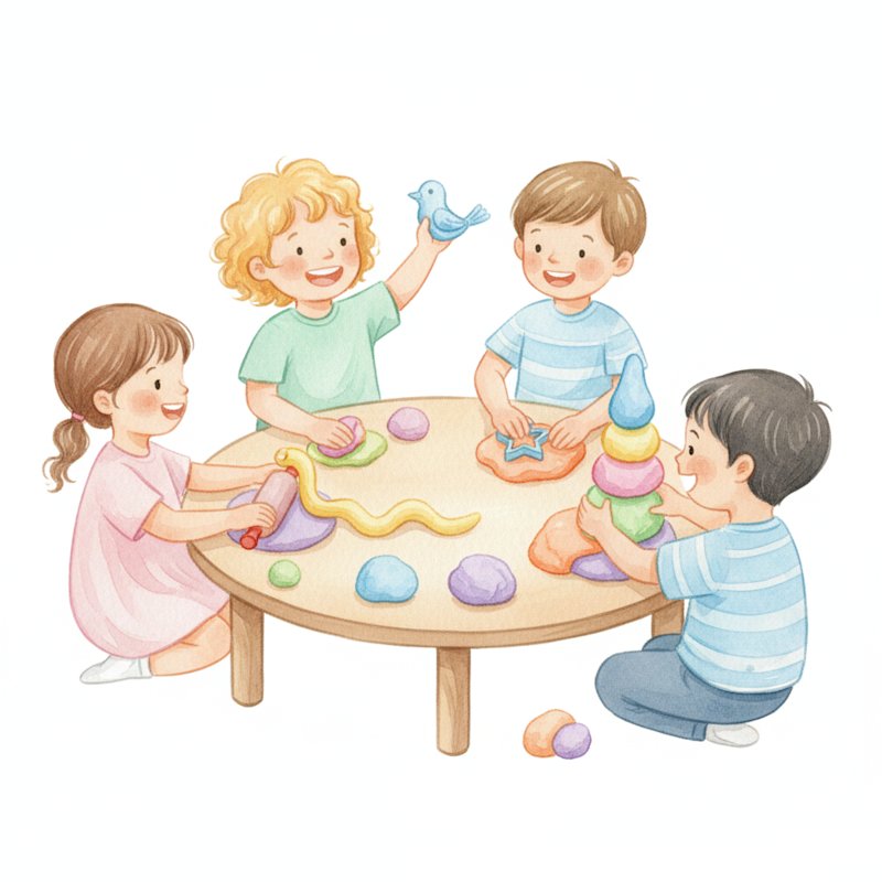 Watercolor illustration of children sculpting colorful playdough at a table