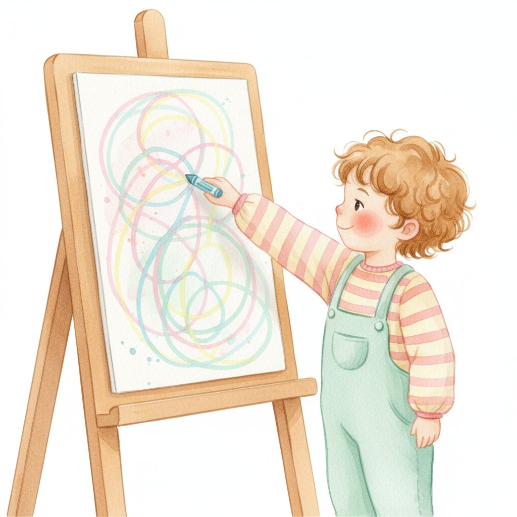 A child making big looping scribbles at an easel