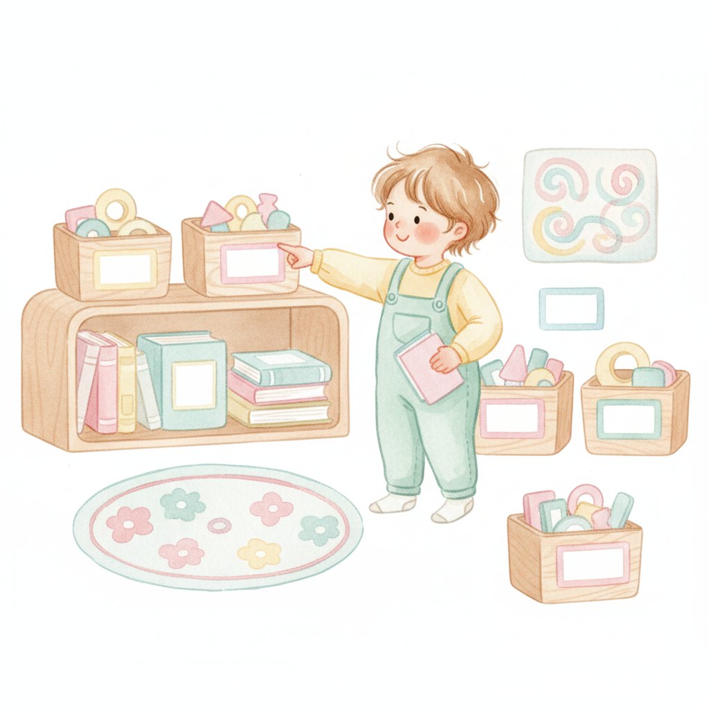 Child finding letters on labels around a cozy classroom