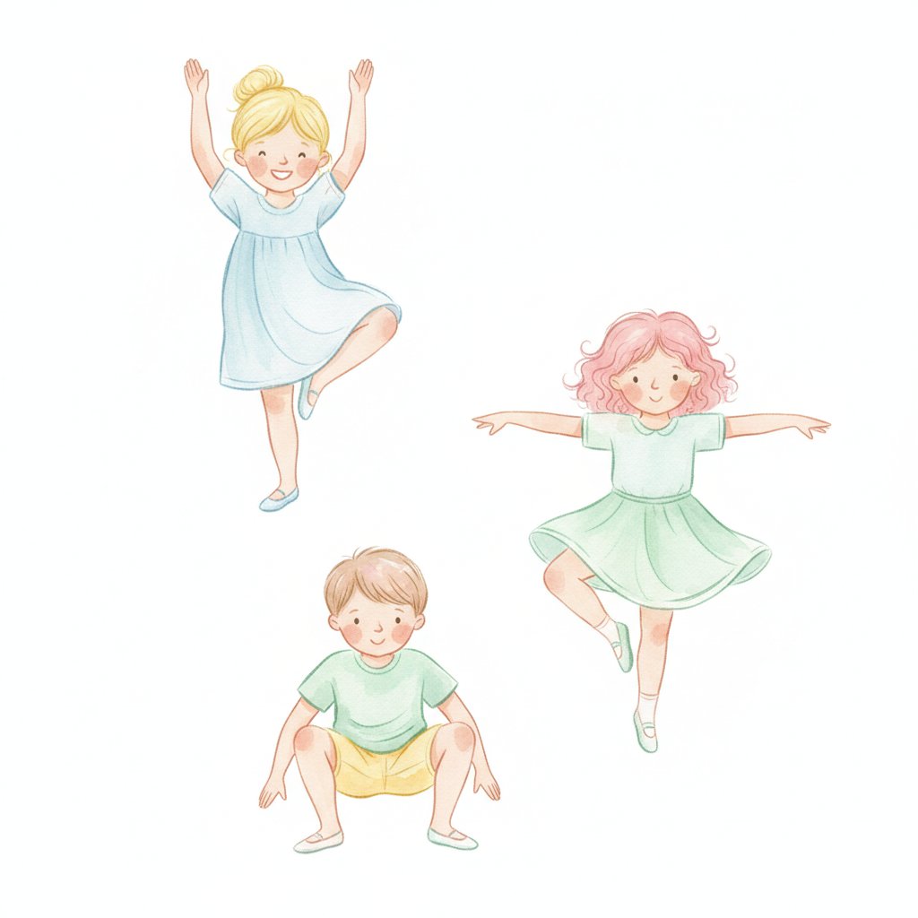 Children playing freeze dance frozen mid-pose like statues