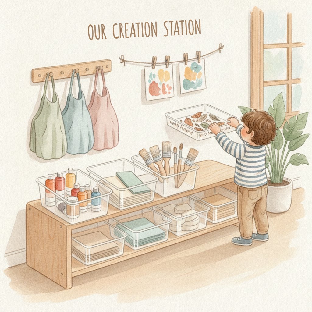 A sustainable process art center setup with low shelf, transparent bins, smocks on hooks, drying line, and child selecting tray independently.