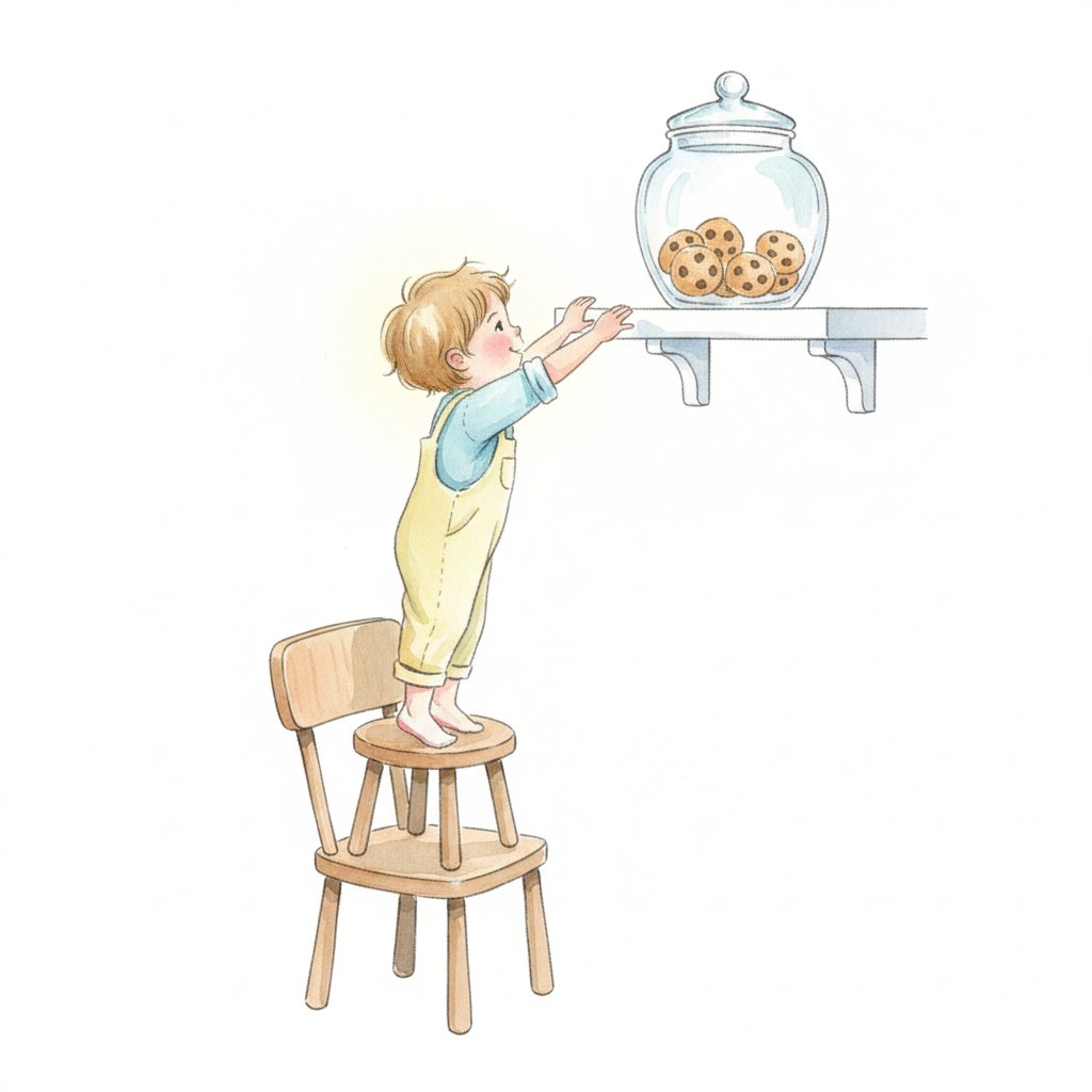 Watercolor of a child stacking a stool on a chair to reach a high shelf