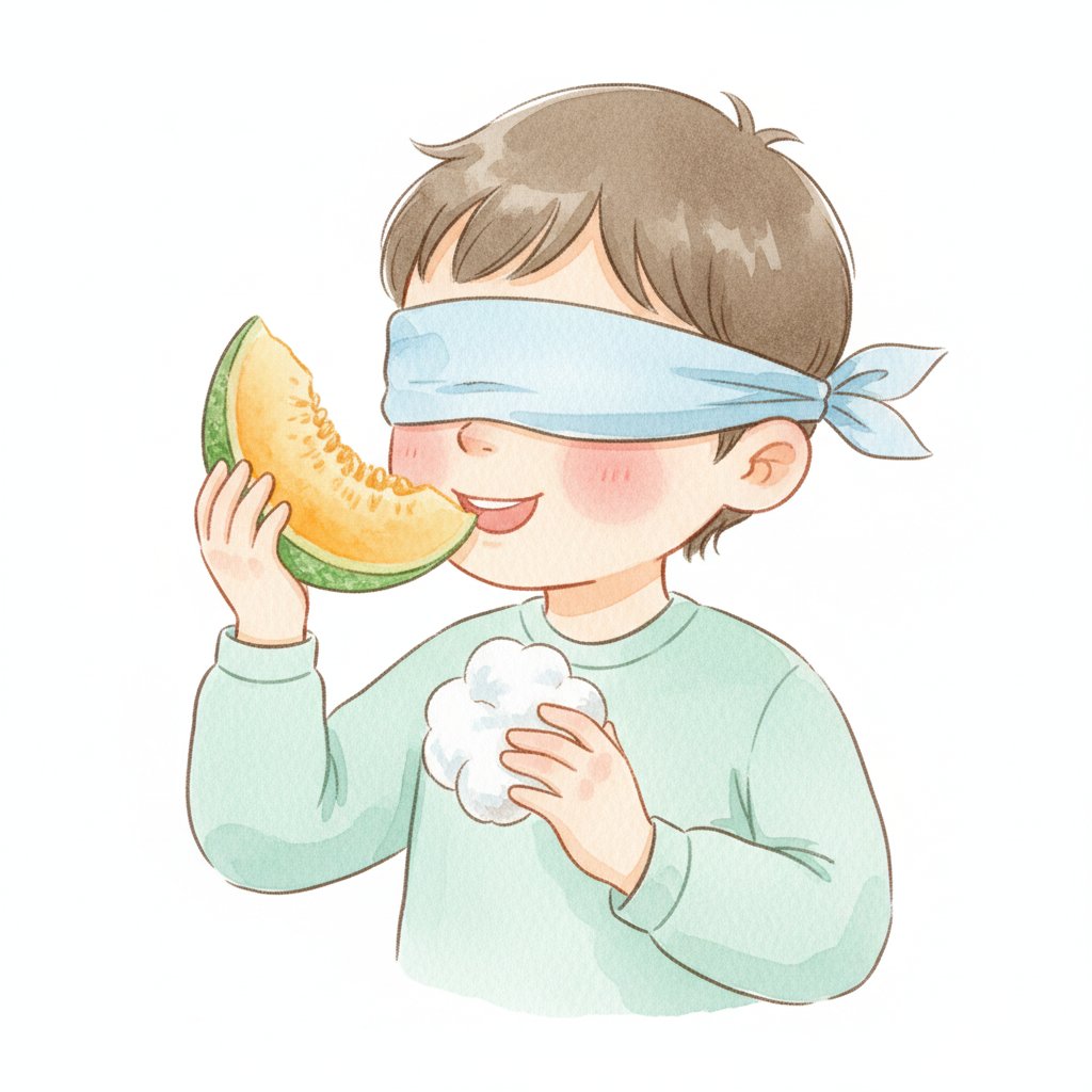 A blindfolded young child happily smelling a fruit slice and touching textures, exploring with their senses, soft watercolor