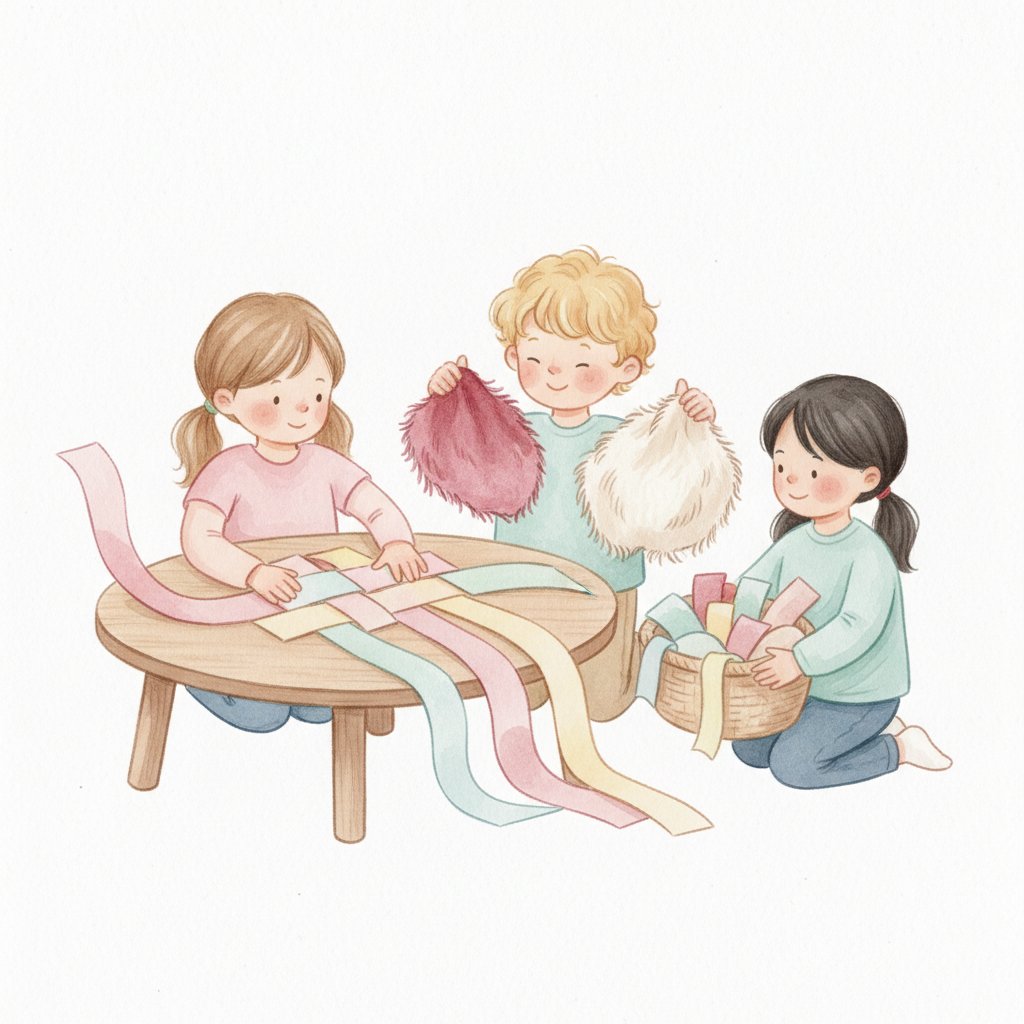 Children weaving paper strips and feeling soft fabric swatches