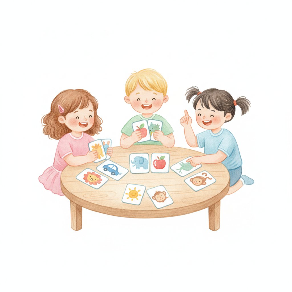 Children playing a go-fish style digraph matching card game at a low table