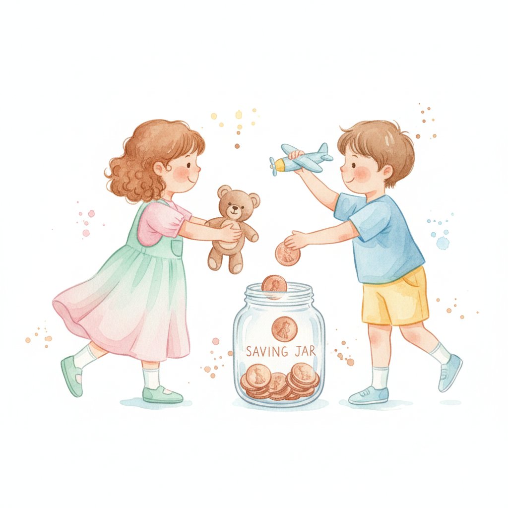 Watercolor of cheerful preschoolers trading toys and saving pennies in a jar