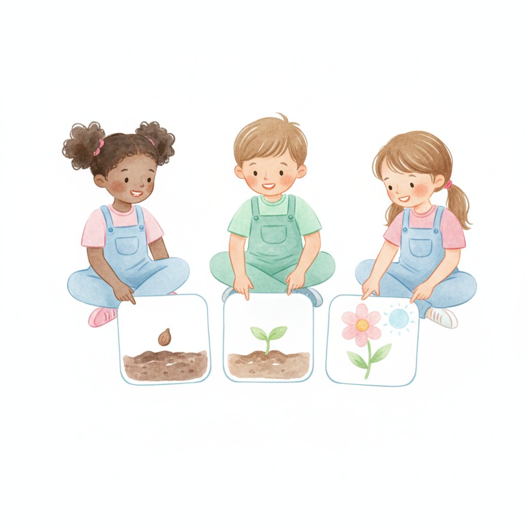 Watercolor of children arranging story sequence cards in order