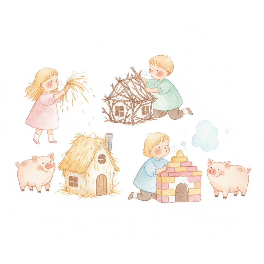 Children building three little houses of straw, sticks and bricks and testing them by blowing