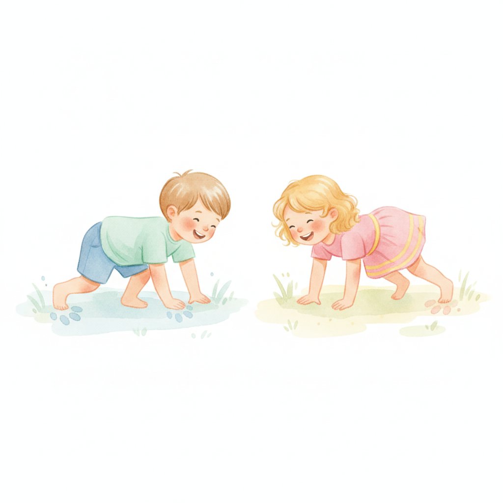 Watercolor illustration of children doing animal walks, bear crawling and crab walking