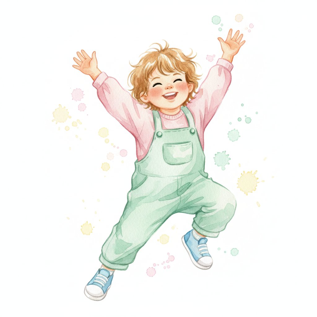 Watercolor illustration of a child climbing and reaching upward, building gross motor strength