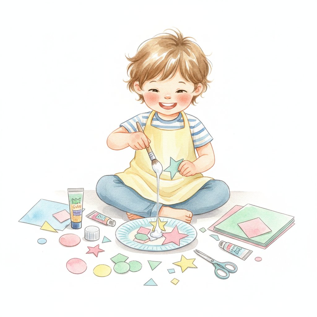 A joyful young child freely creating a colorful paper craft collage with cut paper shapes