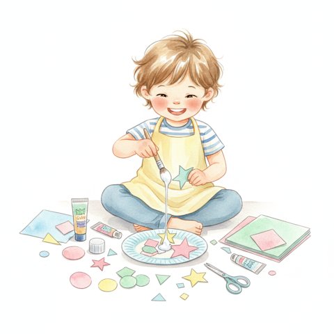 Watercolor illustration of a joyful young child freely creating a colorful paper craft collage with cut paper shapes