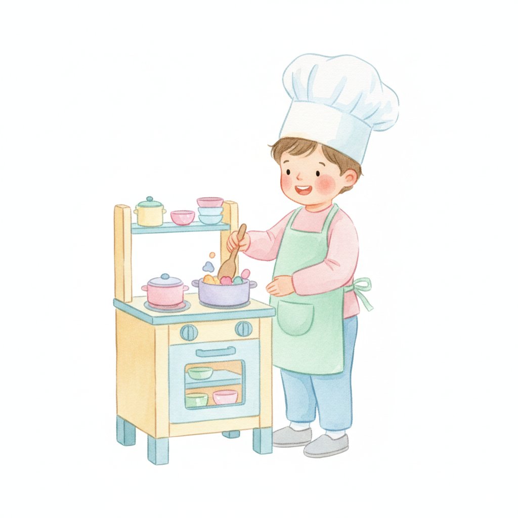 A young child playing chef in a pretend kitchen, stirring a pot of play food at a toy stove