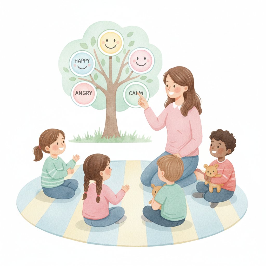 A watercolor illustration of a warm elementary classroom community sharing feelings near a feelings chart