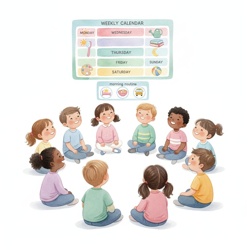 Children at a colorful weekly calendar wall during morning circle
