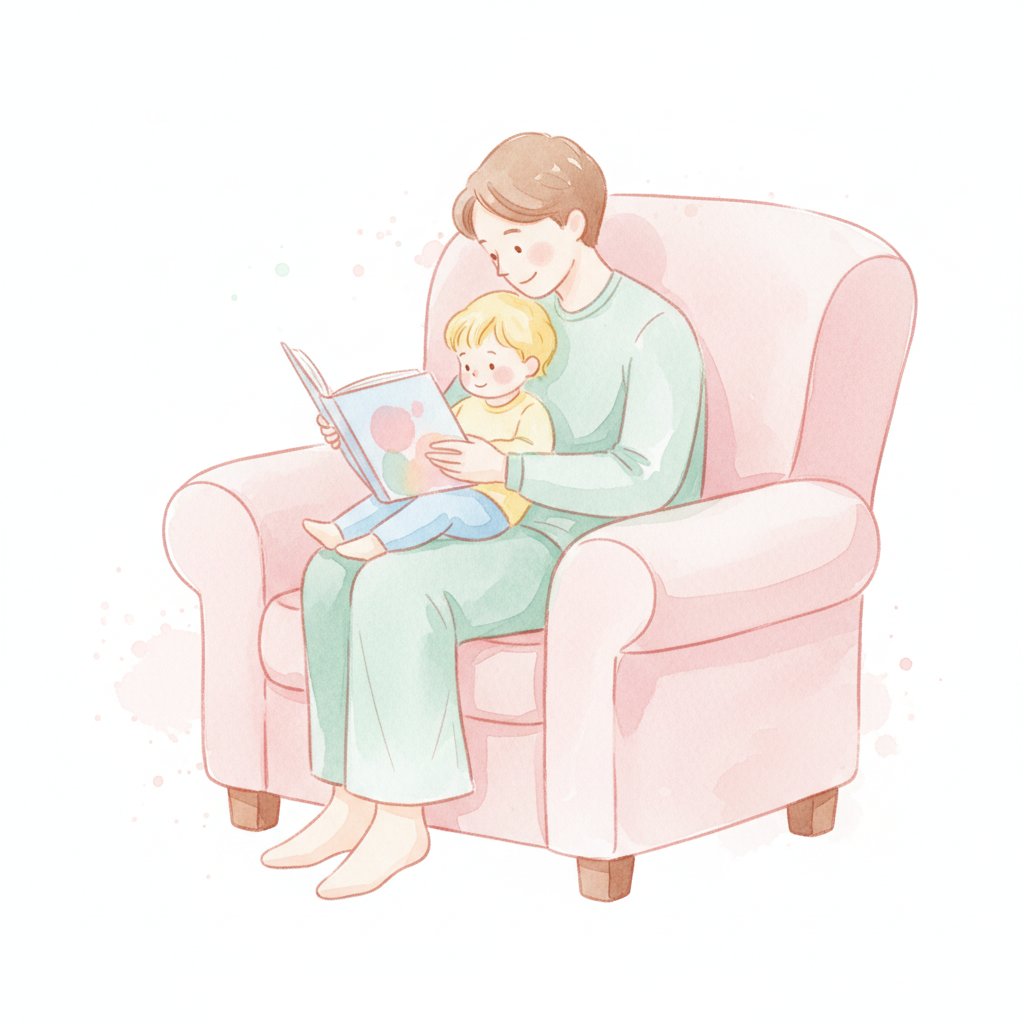 Watercolor illustration of a parent and child reading a book together in a cozy armchair