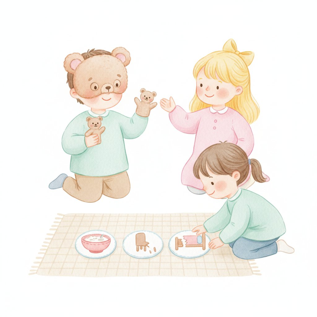Children retelling Goldilocks with bear masks and ordering story picture cards