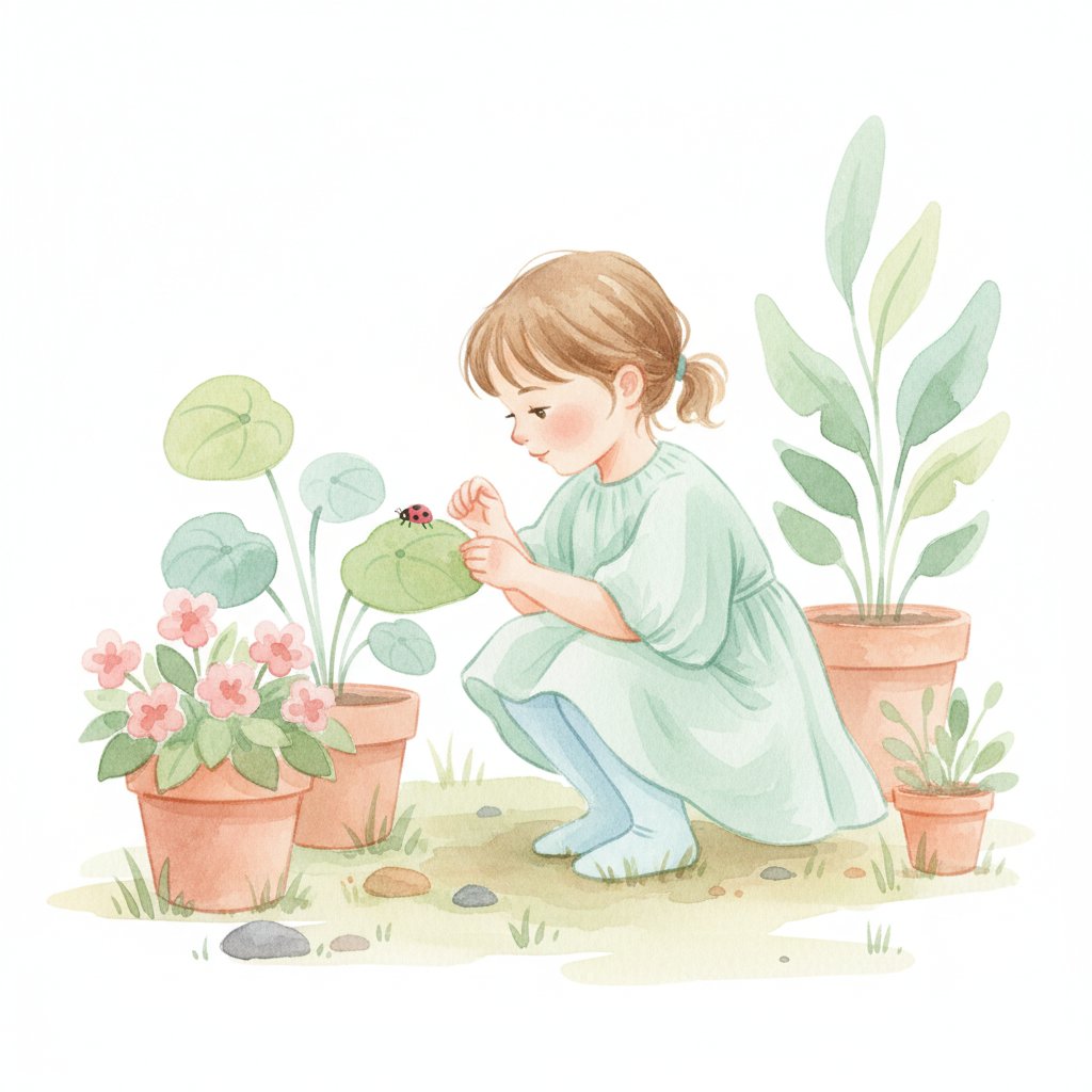 Watercolor illustration of a child crouching in a backyard garden to look at a ladybug on a leaf