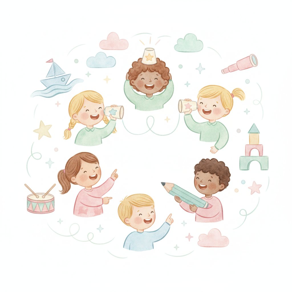 Watercolor of children brainstorming creative uses for a paper cup